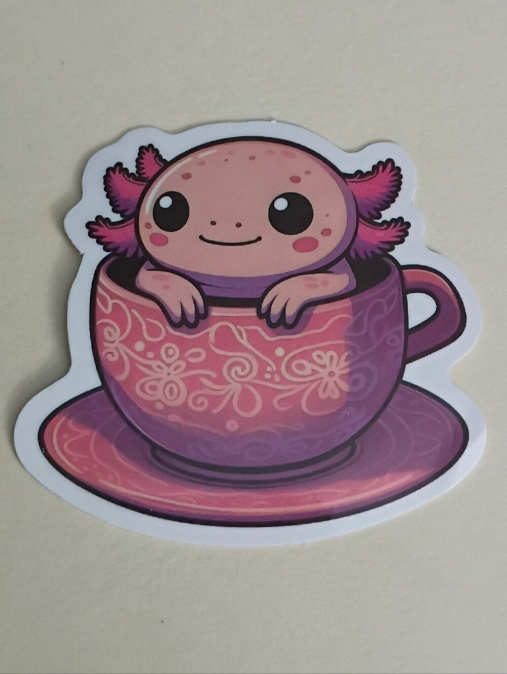 10/$10 Sticker - Axolotl Pink & Freckled Sitting In Pink Teacup & Designed Plate